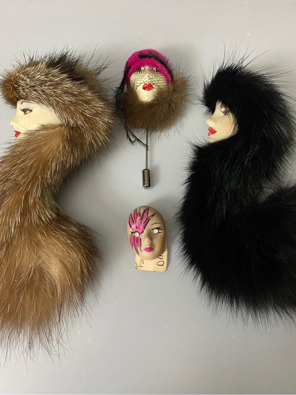 Faux Fur Scarf with Lady Head Pin - Brown and Black, Hat Pin and Face Brooch